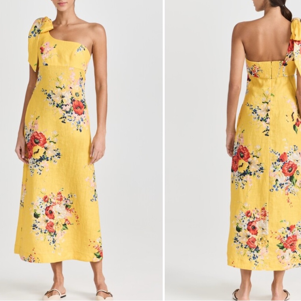 Zimmermann Alight One Shoulder Midi Dress in Yellow Floral